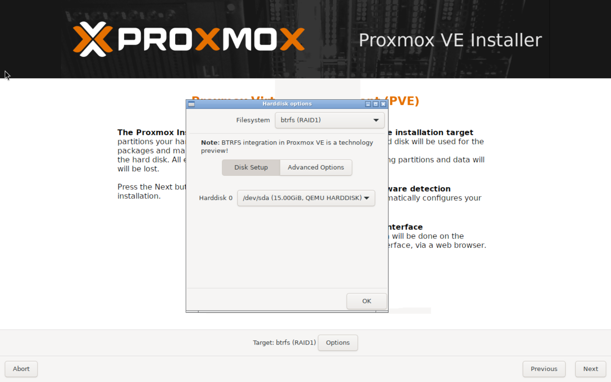 Proxmox VE InstallerでHarddisk options画面を開いているスクリーンショット。Filesystemとして「btrfs (RAID1)」が選択されている。